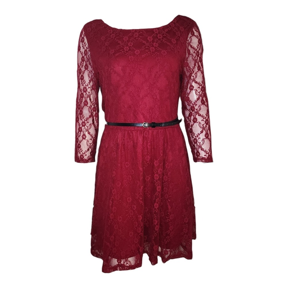Love Reign Dress Womens Size XL Solid Red Lace Overlay Belted Party Romantic